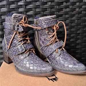 Women's Purple Textured Leather Ankle Boots with Buckle & Lace